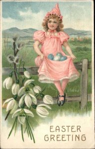 Easter Little Girl Pink Dress Decorated Eggs c1910 Vintage Postcard