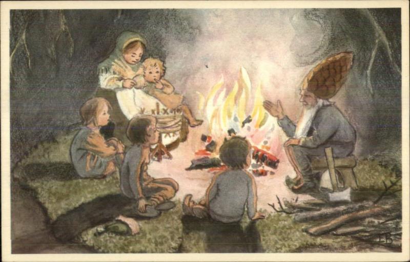 Fantasy Pine Cone Head Man Gnome Camp Fire Elsa Beskow Postcard