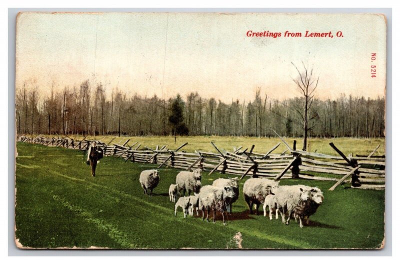 Shepherd w Sheep on Road Lemert Ohio OH DB Postcard H28