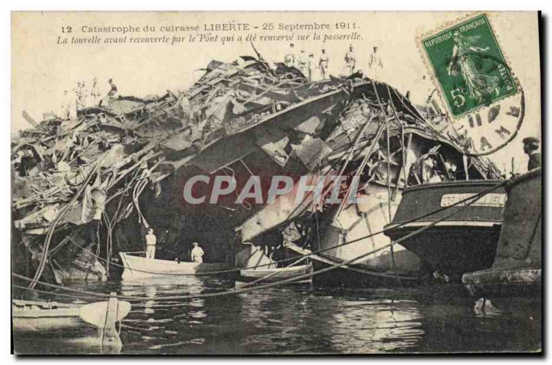 Old Postcard Boat Catastrophe of Freedom The front turret covered by the brid...