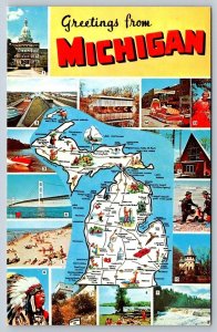 Michigan Map Showing Major Routes, Points Of Interest, 15 Views, 1960s Postcard