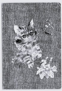 KITTEN & BUTTERFLY Flowers ~  Foil 4x6 Modern FJ Warren Cat Postcard 1988