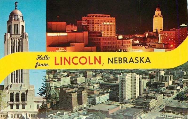 Lincoln NE~Banner Greetings~Aerial & Night Views~Bon Simon's 1950s Postcard