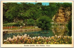 1957 San Antonio TX-Texas, Sunken Garden, Flowers, Pond & Greenery, Postcard