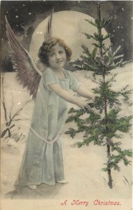 Hand Colored Christmas Postcard 2500 Pretty Child Angel w/ Tree, Full Moon