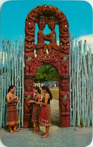 Vintage Postcard; Maori Girls at Whakarewarewa by Carved Gate New Zealand