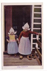 Dutch Girls, Ethnic Clothing and Wooden Shoes, Jong Volendam, Vintage Postcard