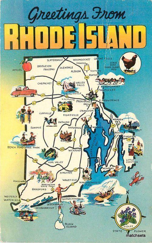 1960s Map Attractions RHODE ISLAND Postscard 1461