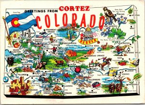 Greetings from Cortez Colorado Postcard Illustrated Map 75th Las Vegas Cancel
