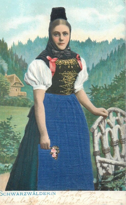 Embossed silk material novelty german dutch swiss french ethnic folk types 1900s 