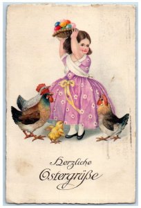c1910's Easter Little Girl Eggs Chicken Hen Chicks Germany Antique Postcard