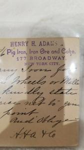 Antique Postcard, 1886, sent from Henry H. Adams Pig Iron, Iron Ore and Coke