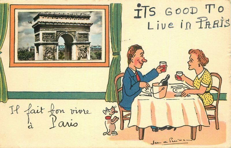 France Paris Romantic Diner Comic Art 1955 Postcard artist impression 22-4229