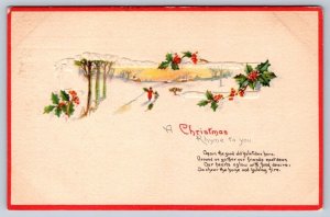 A Christmas Rhyme To You, Holly, Rural Winter Scene, 1915 Embossed Postcard