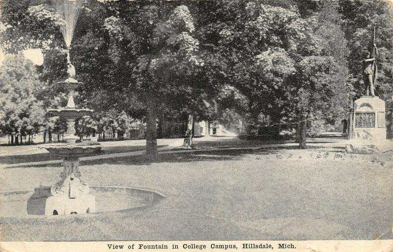 Hillsdale College Michigan~Civil War Monument on Campus~Fountain~c1910 B&W 