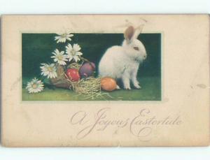 Pre-Linen easter WHITE BUNNY RABBIT BESIDE EGGS SPILLED FROM BASKET k2775