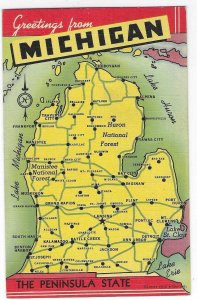 1940's Greetings from Michigan Map Linen Postcard