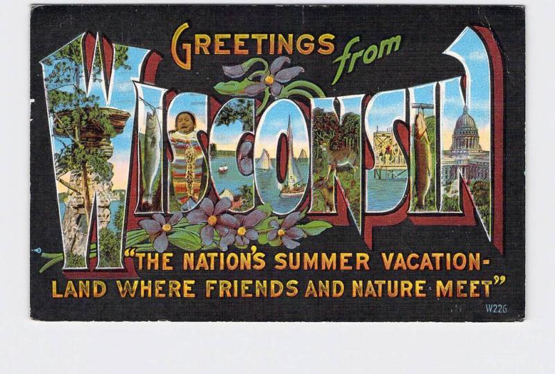 BIG LARGE LETTER VINTAGE POSTCARD GREETINGS FROM WISCONSIN #2