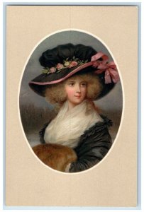 c1910's Pretty Woman Curly Hair Big Hat Flowers Handwarmer Munk Antique Postcard