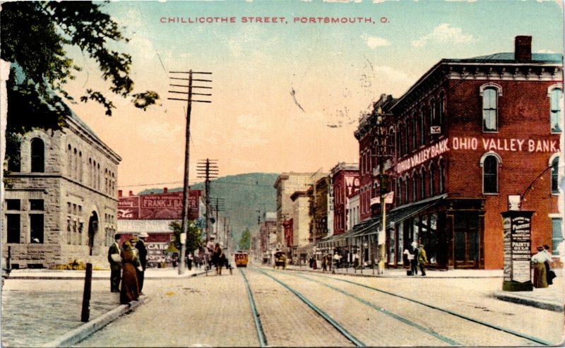 Postcard OH Portsmouth Chillicothe Street Streetcar Buggies Street View 1921 B4