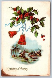 Christmas Wishes, Holly, Bells, Rural Mill Scene, Antique 1922 Embossed Postcard