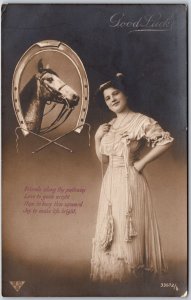 Lady In Long White Dress Horse Good Luck Greetings Real Photo RPPC Postcard