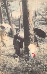 Japan Girls and Children with Parasols Hiking Vintage Postcard AA67672