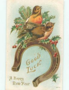 Pre-Linen New Year BEAUTIFUL BIRD ON HORSESHOE WITH CHRISTMAS HOLLY AC5642