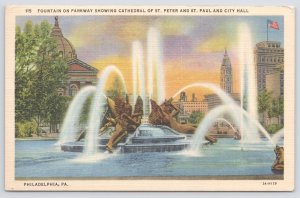 Linen~Fountain Parkway & Cathedral St Peter & Paul Philadelphia PA~1946 Postcard