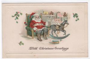 Santa With Rocking Horse Wish List Merry Christmas 1910c postcard