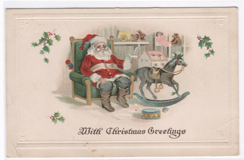 Santa With Rocking Horse Wish List Merry Christmas 1910c postcard