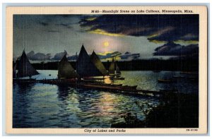 Minneapolis Minnesota MN Postcard Moonlight Scene On Lake Calhoun Sailboats