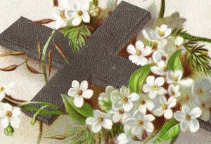 1880s Victorian Christmas Card Silver Cross White Flowers Fab! P150