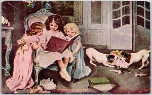 Receiving Instructions Children Reading Books Dogs Playing Doll Postcard