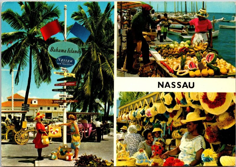 VINTAGE CONTINENTAL SIZE POSTCARD THREE SCENE VIEWS FROM NASSAU MAILED 1980