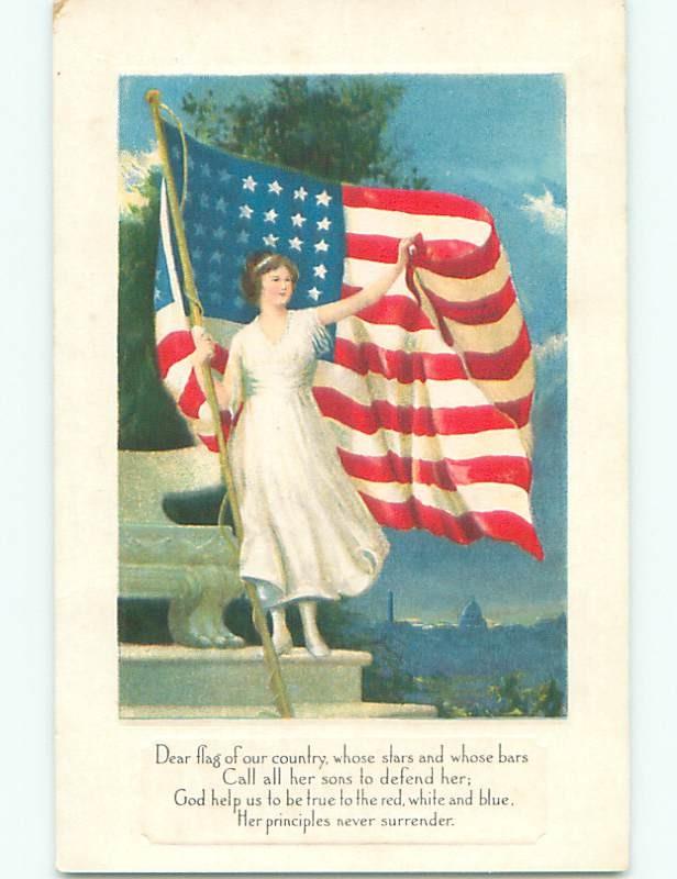 Pre-Linen patriotic PRETTY GIRL HOLDS UP LARGE 48 STAR USA FLAG W7262