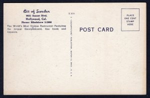 h827 - USA. HOLLYWOOD California 1940s Bit of Sweden Restaurant Postcard