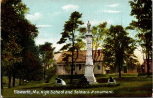 Vtg 1908 High School and Soldiers Monument Ellsworth Maine ME Unused Postcard