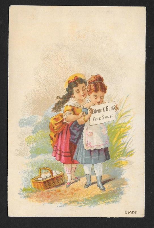 VICTORIAN TRADE CARD Edwin Burt Shoes Two Pretty Ladies c1879