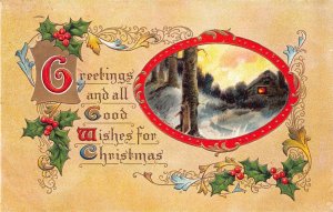A047 Christmas greetings 1912 mistletoe hut trees snow embossed postcard