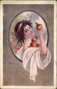 A/S Beautiful Woman Picking Apples Bible Mythology Eve c1910 Vintage Postcard