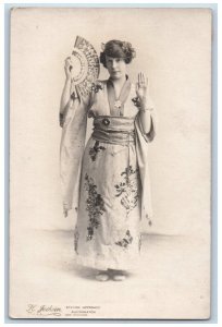 Japanese Kimono Postcard RPPC Photo Pretty Woman With Fan c1910's Antique