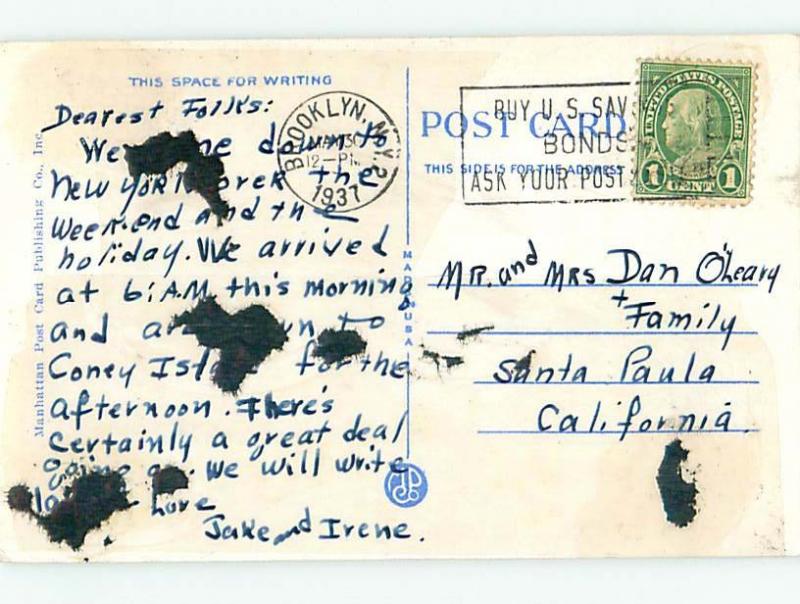 Damaged by tape on back Linen BEACH Coney Island - Brooklyn New York NY G6185