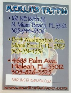 Vintage Advertising Card:Merlin's Tattoo- Miami, FLORIDA. Wizard- piercings.