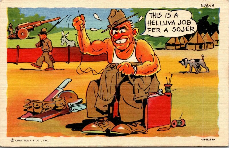 Linen Comic Postcard SOLIDER HUMOR MILITARY POSTED WW2 Curteich POSTCARD