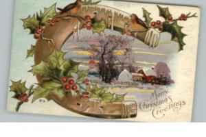 Embossed Christmas Horseshoe House c1910 Postcard