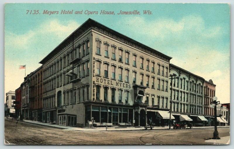 Janesville Wisconsin~Meyers Hotel~Opera House~Cigars~Storefronts~c1912 Postcard 