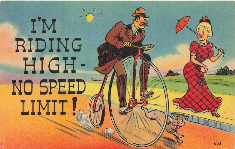 MAN ON HIGH WHEEL BICYCLE-SEES BLONDE-I'M RIDING HIGH NO SPEED LIMIT-1947 PMK PC