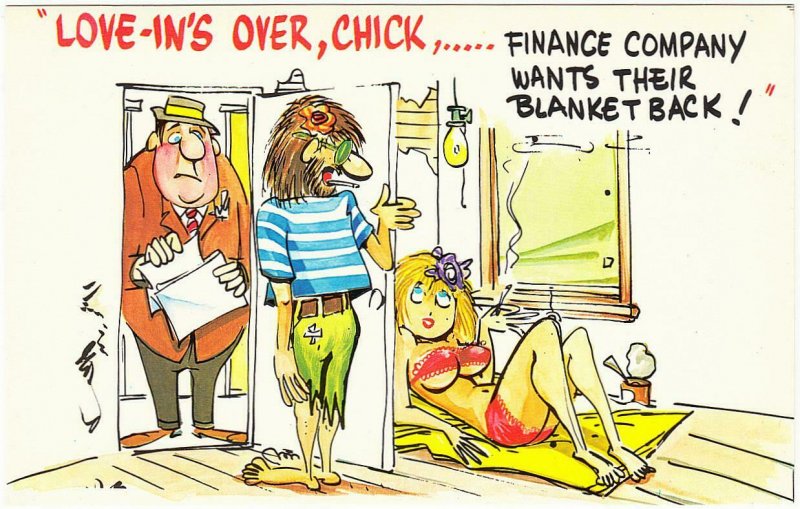 Hippie Love In Crash Pad Finance Company Repo Risque Humor Postcard by Wyma