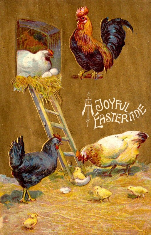 A Joyful Eastertide - Chickens, Chicks and Rooster - Gold Shine - c1908